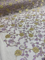 Load image into Gallery viewer, Gold &amp; purple Floral Embroidered Tulle Lace Fabric — By the Yard
