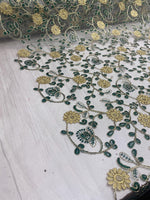 Load image into Gallery viewer, Gold &amp; Green Floral Embroidered Tulle Lace Fabric — By the Yard
