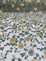 Load image into Gallery viewer, Gold &amp; Green Floral Embroidered Tulle Lace Fabric — By the Yard
