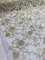 Load image into Gallery viewer, Gold &amp; white Floral Embroidered Tulle Lace Fabric — By the Yard
