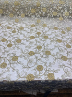 Load image into Gallery viewer, Gold &amp; white Floral Embroidered Tulle Lace Fabric — By the Yard
