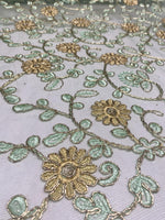 Load image into Gallery viewer, Gold &amp; mint Floral Embroidered Tulle Lace Fabric — By the Yard
