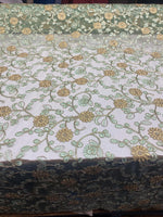 Load image into Gallery viewer, Gold &amp; mint Floral Embroidered Tulle Lace Fabric — By the Yard
