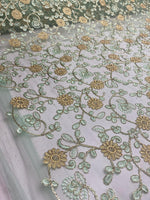 Load image into Gallery viewer, Gold &amp; mint Floral Embroidered Tulle Lace Fabric — By the Yard
