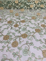 Load image into Gallery viewer, Gold &amp; mint Floral Embroidered Tulle Lace Fabric — By the Yard
