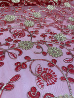 Load image into Gallery viewer, Fuchsia &amp; Green Floral Embroidered Tulle Lace Fabric By the Yard
