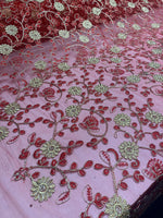 Load image into Gallery viewer, Fuchsia &amp; Green Floral Embroidered Tulle Lace Fabric By the Yard
