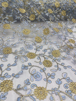 Load image into Gallery viewer, Blue &amp; Yellow Floral Embroidered Tulle Lace Fabric By the Yard

