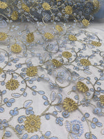 Load image into Gallery viewer, Blue &amp; Yellow Floral Embroidered Tulle Lace Fabric By the Yard
