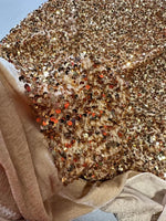 Load image into Gallery viewer, Gold Sequin Stretch Velvet Fabric – Sparkly Spandex for Dresses, Costumes, Dancewear &amp; Event Decor
