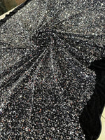 Load image into Gallery viewer, Silver Sequin on black Stretch Velvet Fabric – Sparkly Spandex for Dresses, Costumes, Dancewear &amp; Event Decor
