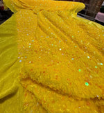Load image into Gallery viewer, Yellow Sequin Stretch Velvet Fabric – Sparkly Spandex for Dresses, Costumes, Dancewear &amp; Event Decor
