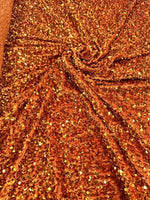 Load image into Gallery viewer, Orange Sequin Stretch Velvet Fabric – Sparkly Spandex for Dresses, Costumes, Dancewear &amp; Event Decor
