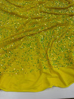 Load image into Gallery viewer, Yellow iridescent Sequin Stretch Velvet Fabric – Sparkly Spandex for Dresses, Costumes, Dancewear &amp; Event Decor
