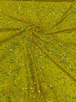 Load image into Gallery viewer, Yellow iridescent Sequin Stretch Velvet Fabric – Sparkly Spandex for Dresses, Costumes, Dancewear &amp; Event Decor
