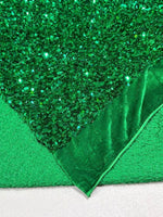 Load image into Gallery viewer, Kelly Green iridescent Sequin Stretch Velvet Fabric – Sparkly Spandex for Dresses, Costumes, Dancewear &amp; Event Decor
