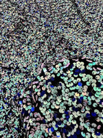 Load image into Gallery viewer, Blue iridescent Sequin on black Stretch Velvet Fabric – Sparkly Spandex for Dresses, Costumes, Dancewear &amp; Event Decor

