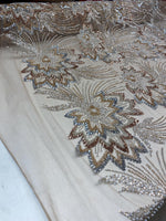 Load image into Gallery viewer, Champagne Floral Beaded Lace Fabric 3D Sequin Mesh Lace by the Yard for Bridal Gowns, Prom Dresses &amp; Couture Designs
