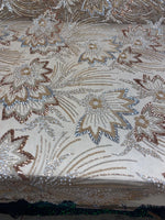 Load image into Gallery viewer, Champagne Floral Beaded Lace Fabric 3D Sequin Mesh Lace by the Yard for Bridal Gowns, Prom Dresses &amp; Couture Designs
