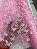 Load image into Gallery viewer, Pink 3D Butterfly Satin Lace Fabric – Embroidered Mesh Lace by the Yard for Bridal, Prom Dresses &amp; Couture Designs
