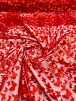 Load image into Gallery viewer, Red 3D Butterfly Satin Lace Fabric – Embroidered Mesh Lace by the Yard for Bridal, Prom Dresses &amp; Couture Designs
