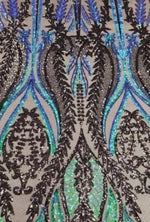 Load image into Gallery viewer, Iridescent Green /Black Multi Color 4-way Stretch Iridescent Sequin Fabric Embroidered on Spandex Mesh Sold By The Yard
