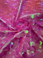 Load image into Gallery viewer, Candy Pink iridescent Jumbo Shiny paillette sequin on mesh fabric sold by yard
