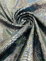 Load image into Gallery viewer, Holographic Snakeskin Fabric by the Yard – Black Iridescent Spandex Velvet, 4-Way Stretch, 60" Wide, Dance Costume Fabric
