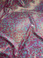 Load image into Gallery viewer, Holographic Pink Mini Cow Print Spandex Fabric — Iridescent Foil Stretch, Sold by the Yard, Rave &amp; Festival Fabric, Dance Costume, Cosplay
