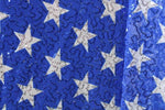 Load image into Gallery viewer, White star Sequin blue Mesh Fabric – Sparkly Stretch Lace with Sequin Pattern – Costume, Dancewear, Evening &amp; Fashion Fabric by the Yard
