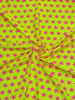 Load image into Gallery viewer, Blacklight Reactive Yellow and Pink Star Printed Spandex 4 way stretch
