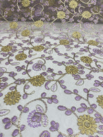 Load image into Gallery viewer, Gold &amp; purple Floral Embroidered Tulle Lace Fabric — By the Yard
