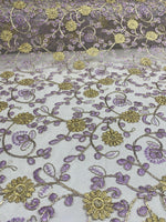 Load image into Gallery viewer, Gold &amp; purple Floral Embroidered Tulle Lace Fabric — By the Yard
