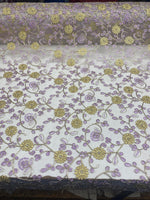 Load image into Gallery viewer, Gold &amp; purple Floral Embroidered Tulle Lace Fabric — By the Yard
