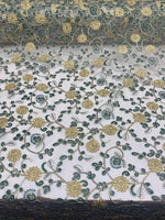 Load image into Gallery viewer, Gold &amp; Green Floral Embroidered Tulle Lace Fabric — By the Yard
