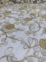Load image into Gallery viewer, Gold &amp; white Floral Embroidered Tulle Lace Fabric — By the Yard
