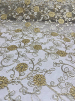 Load image into Gallery viewer, Gold &amp; white Floral Embroidered Tulle Lace Fabric — By the Yard
