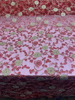 Load image into Gallery viewer, Fuchsia &amp; Green Floral Embroidered Tulle Lace Fabric By the Yard
