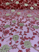 Load image into Gallery viewer, Fuchsia &amp; Green Floral Embroidered Tulle Lace Fabric By the Yard
