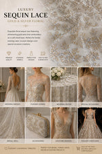 Load image into Gallery viewer, Gold &amp; Silver Floral Sequin Lace Fabric – Luxury Embroidered Mesh for Bridal Gowns, Wedding Dresses, Formal Wear, Evening Gowns
