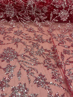 Load image into Gallery viewer, Red &amp; Silver Floral Sequin Lace Fabric – Luxury Embroidered Mesh for Bridal Gowns, Wedding Dresses, Formal Wear, Evening Gowns
