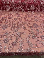 Load image into Gallery viewer, Red &amp; Silver Floral Sequin Lace Fabric – Luxury Embroidered Mesh for Bridal Gowns, Wedding Dresses, Formal Wear, Evening Gowns
