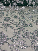 Load image into Gallery viewer, Emerald &amp; Silver Floral Sequin Lace Fabric – Luxury Embroidered Mesh for Bridal Gowns, Wedding Dresses, Formal Wear, Evening Gowns
