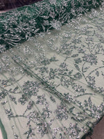 Load image into Gallery viewer, Emerald &amp; Silver Floral Sequin Lace Fabric – Luxury Embroidered Mesh for Bridal Gowns, Wedding Dresses, Formal Wear, Evening Gowns
