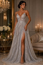 Load image into Gallery viewer, Silver Beaded Sequin with pearls by the Yard, Glitter Mesh, Prom Dress Fabric
