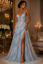 Load image into Gallery viewer, Light Blue Beaded Sequin with pearls by the Yard, Glitter Mesh, Prom Dress Fabric
