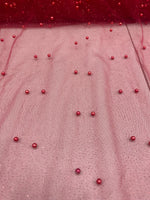 Load image into Gallery viewer, Pearl Beaded Red Mesh Fabric by Yard, Glitter Tulle for Bridal Gowns, Prom Dresses, Veils &amp; Event Decor
