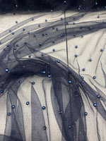 Load image into Gallery viewer, Pearl Beaded Navy Mesh Fabric by Yard, Glitter Tulle for Bridal Gowns, Prom Dresses, Veils &amp; Event Decor

