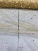 Load image into Gallery viewer, Pearl Beaded Gold Mesh Fabric by Yard, Glitter Tulle for Bridal Gowns, Prom Dresses, Veils &amp; Event Decor
