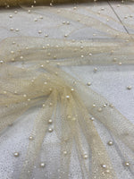 Load image into Gallery viewer, Pearl Beaded Gold Mesh Fabric by Yard, Glitter Tulle for Bridal Gowns, Prom Dresses, Veils &amp; Event Decor
